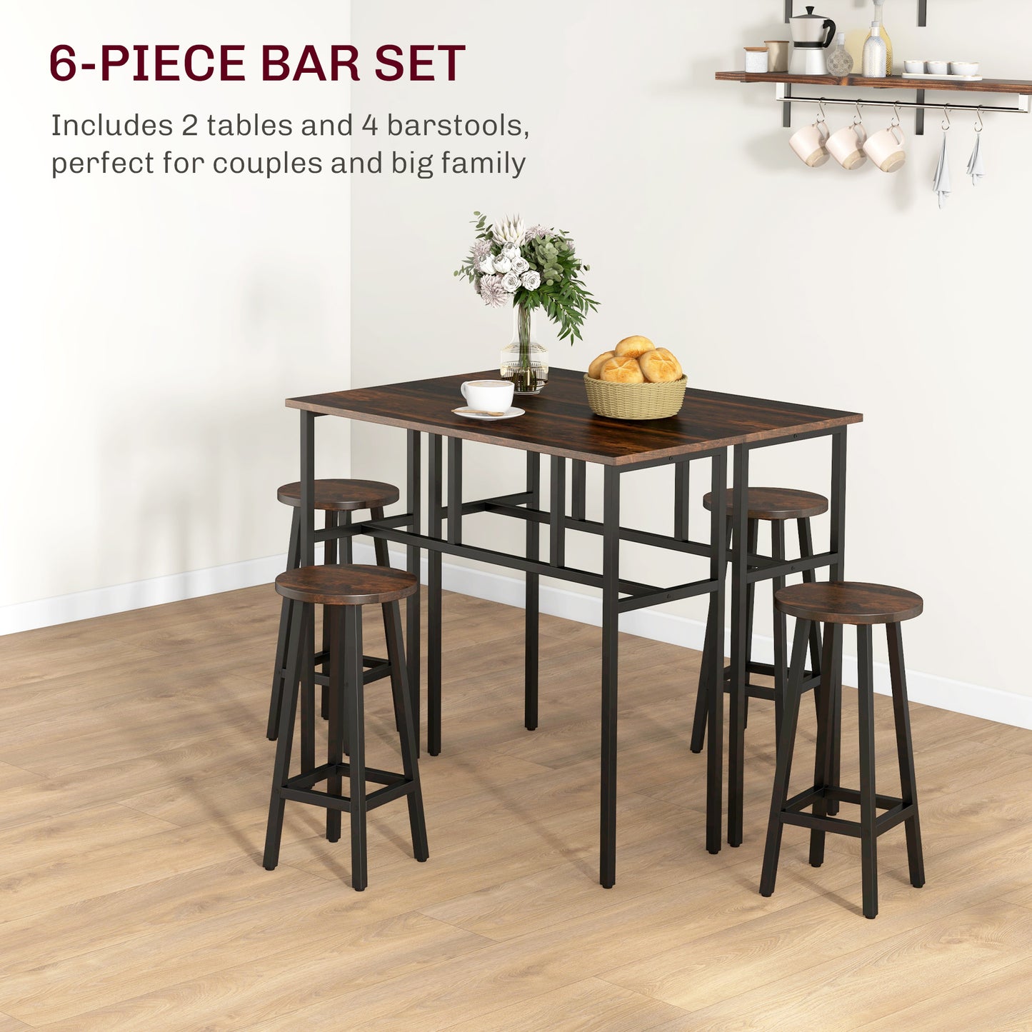 Bar Table and Stools, 2 Breakfast Tables w/ 4 Stools, Counter Height Dining Tables & Chairs for Kitchen, Living Room, Rustic Brown | HOMCOM-2