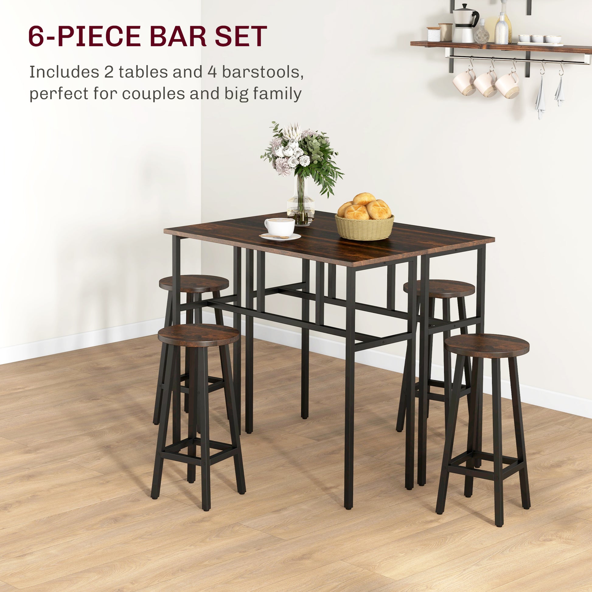 Bar Table and Stools, 2 Breakfast Tables w/ 4 Stools, Counter Height Dining Tables & Chairs for Kitchen, Living Room, Rustic Brown | HOMCOM-2