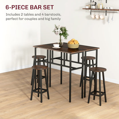 Bar Table and Stools, 2 Breakfast Tables w/ 4 Stools, Counter Height Dining Tables & Chairs for Kitchen, Living Room, Rustic Brown | HOMCOM-2